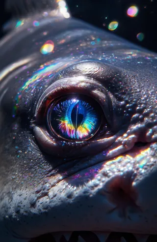 Close-up of a shark's eye displaying vibrant iridescent colors with a bright blue iris reflecting multiple rainbow hues, glowing light particles, and a textured grey skin surrounding it.