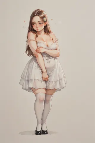 High detail watercolor-style portrait of a chubby woman wearing a white multi-layered dress with lace and white stockings, daisy flower in her brown hair, standing shyly against a white background.
