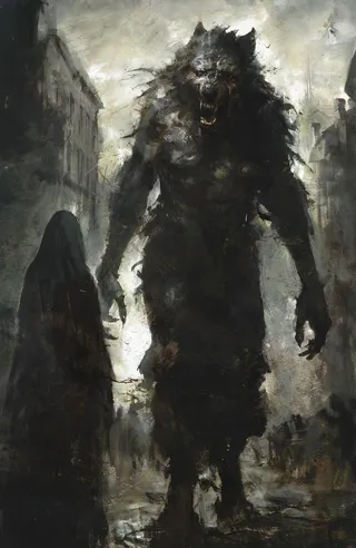 A large, menacing werewolf with dark fur stands in a gloomy, apathy-filled city street with a shadowy cloaked figure nearby, under a bleak sky.