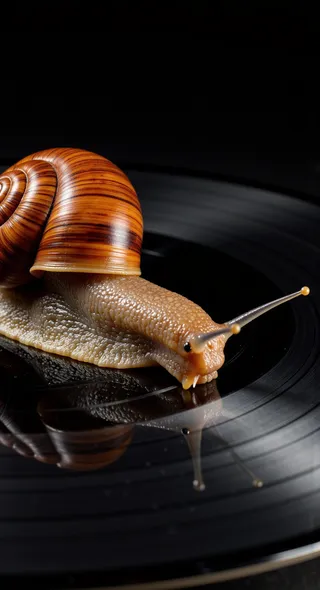 Close-up hyperrealistic image of a vineyard snail with a textured brown shell crawling along the grooves of a shiny black vinyl record.