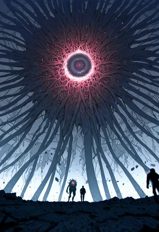 Close-up view from below of a giant eldrich abomination monster with a central glowing eye surrounded by dark twisted tendrils, set against a broken terrain with silhouetted humans in the foreground.
