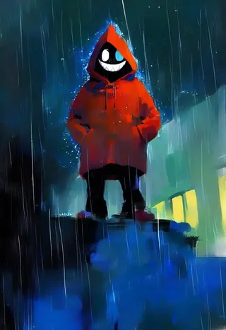 Anime-style figure wearing a red raincoat with a wide, slightly creepy smile, standing in heavy rain with a painterly, impressionistic oil painting style.