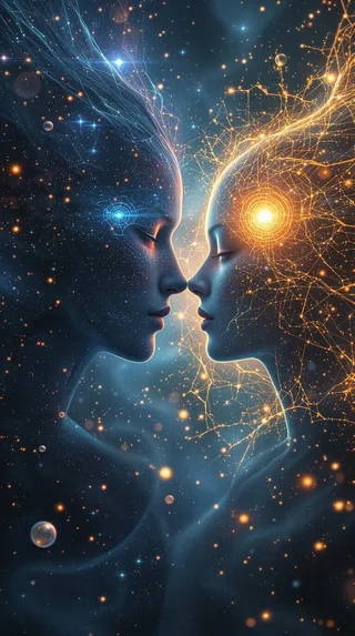 Two android faces connected by glowing digital neural networks, representing quantum entanglement across galaxies in a cosmic space background.