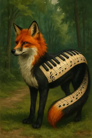 A surreal fox-like creature with a black body, white underbelly, and vibrant orange mane featuring a piano keyboard and musical notes on its back and tail, standing in a lush forest.