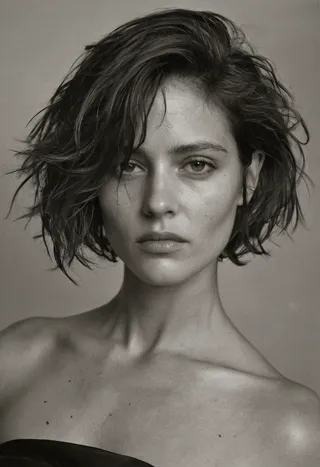 Black and white studio portrait of an Italian woman with messy inverted bob hair, bare one shoulder, capturing natural beauty in Peter Lindbergh style.
