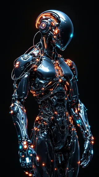 A sleek cyborg humanoid figure dressed in advanced futuristic robotic attire with glowing orange and blue lights highlighting intricate mechanical details.