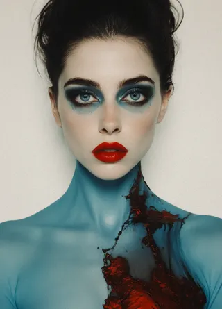 Portrait of a young woman with vivid blue eyes, dark smoky eye makeup, bright red lips, and abstract blue and red paint on her neck and shoulder.