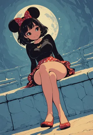 A girl with black hair wearing a Minnie Mouse costume featuring a red polka dot skirt and mouse ears headband poses playfully under a large full moon.