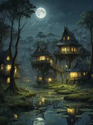 Intricate swamp terrain with wooden dwellings on stilts, illuminated warmly under a full moon, surrounded by puddles and dense trees at night.