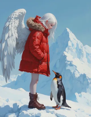 A radiant tween angel with white wings and silver hair wearing a red fur-lined parka stands in snowy Antarctica, looking down at a curious emperor penguin in front of icy mountains.