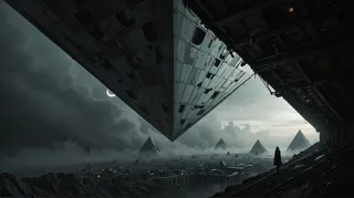 Panoramic dark fantasy scene featuring a massive triangle shaped spaceship hovering over a fog-filled dystopian city with gothic pyramids and a crescent moon in the background, under soft cinematic light.