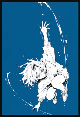 Monochrome ink splash artwork of a dynamic girl airborne against a blue background with motion lines and a black border at the bottom.