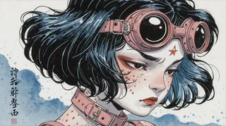 Close-up illustration of a young woman with blue hair and freckles wearing pink goggles in ukiyo-e watercolor style.