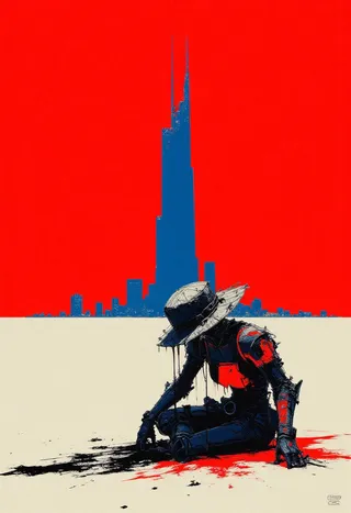 A humanoid robot with rusted, cracked metallic body and a torn straw hat sits slouched in a pale desert with a vivid red sky and a tall blue skyscraper in the background.