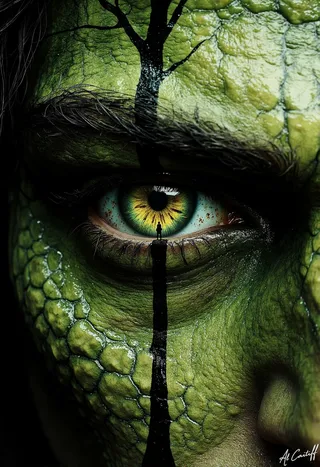 Close-up of a large, textured green-scaled snake eye featuring a vivid green and yellow iris with a black tree silhouette and a small figure at the base, in a hyper-realistic fantasy style.