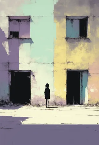 Silhouetted solitary girl stands in the doorway of a pastel-colored, crumbling apartment, rendered in a minimalistic anime-inspired vector art style with soft light and shadow.