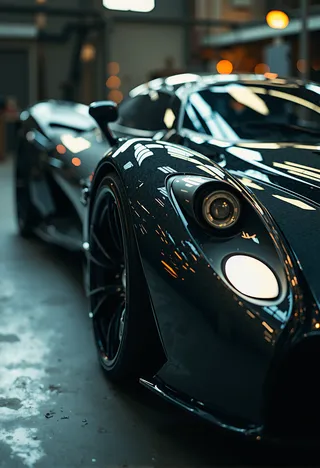 Close-up of a highly detailed futuristic supercar featuring sleek design and cinematic lighting with film grain effects and shallow depth of field.