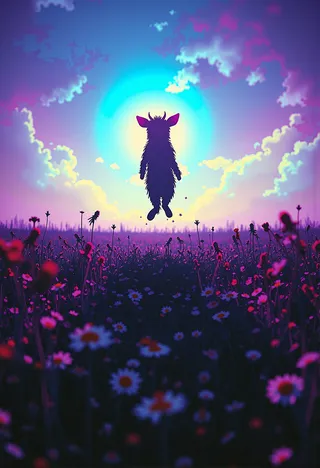 A silhouette of a whimsical creature leaping above a vibrant flower field under a purple and blue sky with a bright halo and neon-lit background.