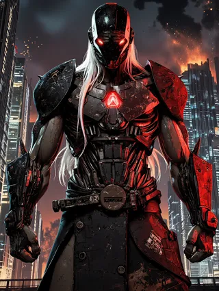 Powerful futuristic armored warrior wearing a dark, battle-worn exosuit with red glowing accents and long white hair, standing before a dystopian cyberpunk cityscape with burning skies.
