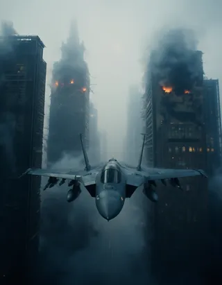 A fighter jet flying fast towards the viewer between war-torn skyscrapers with smoke, fire, and cloudy skies in a cinematic scene with film grain.