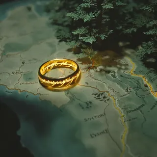 Glowing golden One Ring resting on a detailed Middle-earth map with cinematic dramatic lighting and shadows.