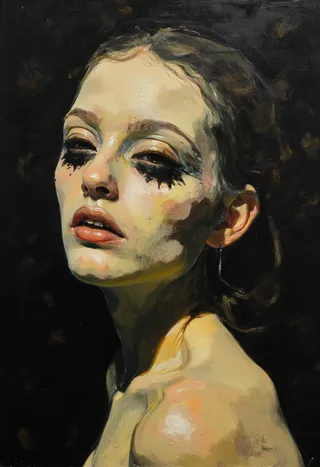 A realistic oil painting portrait of a female subject with dramatic lighting and a dark background, showcasing detailed facial features and baroque style shadows.