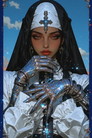 A digital artwork of a woman with medium-dark skin wearing a white nun-like habit with cobalt blue accents and sparkling chrome gloves, framed against a blue sky.