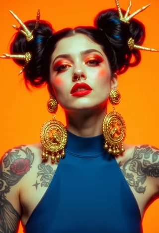 Portrait of a tattooed woman wearing striking bold red eye makeup and lipstick, large golden spiked earrings, and blue top against an orange background.