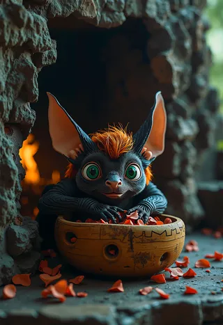 Anthropomorphic bat with bright green eyes and red hair leaning over a carved wooden bowl filled with orange petals, set against a rustic stone fireplace with cinematic lighting.