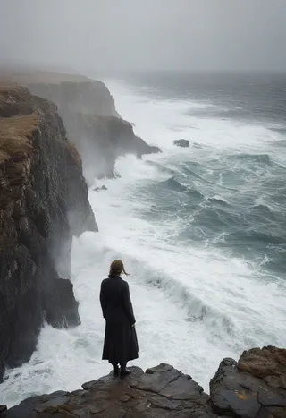 A solitary figure dressed in black stands on the edge of a rocky cliff looking out over crashing waves and a mist-covered turbulent sea under a gray, melancholic sky.
