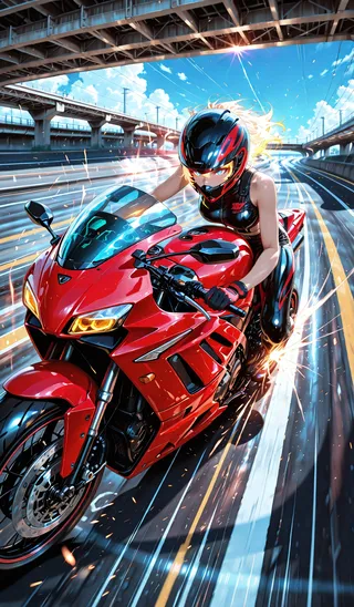 Anime-style female rider on a red motorcycle speeding along a highway under a bright sunny sky, wearing a helmet and black outfit, with motion blur effects.