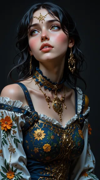 A freckled young girl with wide eyes looking upward, wearing an intricate fantasy blouse with flowing embroidered fabrics, lace, and adorned with gold jewelry.
