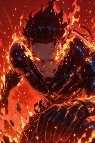 Anime boy with flaming eyes and glowing fire effects, wearing high-tech black armor with glowing orange highlights, set against a vibrant red background with embers and light particles.