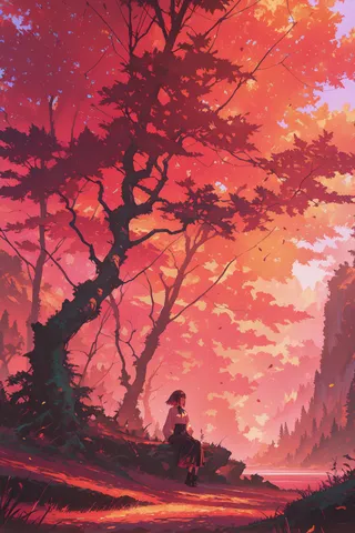 A girl sitting alone on a rock under a large tree with vibrant autumn leaves and dappled sunlight in a scenic, overgrown nature setting.