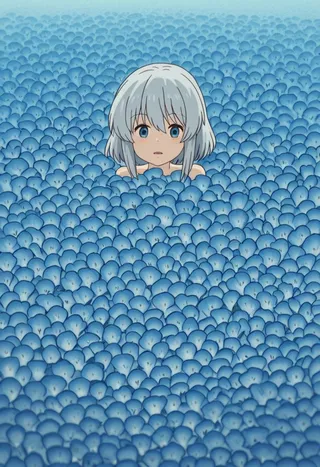 Anime-style white-haired girl with blue eyes surrounded by a vast field of blue Nemophila flowers.
