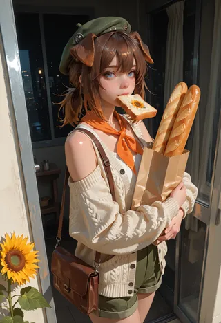 A girl with dog ears wearing a green beret and cream cardigan holds a paper bag with baguettes, biting a sunflower-adorned bread slice under warm sunlight.