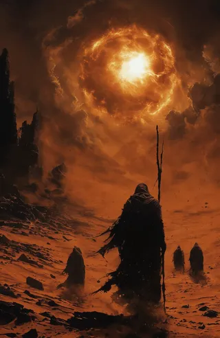 A digital painting depicting a desolate orange desert landscape under a fiery glowing sun with three cloaked figures walking away from the viewer towards dark crumbling ruins.