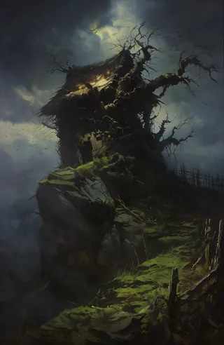 A dark moody scene featuring a mysterious tree-like structure with twisted leafless branches and a small thatched roof on a moss-covered rock, illuminated by dim eerie light in a foggy, stormy landscape under a dark, cloudy sky with birds flying and a wooden fence in the background.