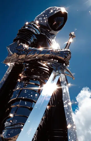 A low-angle view of a metallic futuristic hooded figure clad in reflective segmented armor holding a large shiny sword with a glowing blade, set against a clear blue sky with white clouds and bright sunlight creating lens flares.