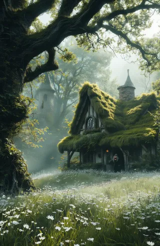 A mystical forest scene featuring a moss-covered thatched roof cottage and a yelling old hag visible at the porch, with a large gnarled tree and white wildflowers in the foreground, and a conical stone tower partially obscured by mist in the background.