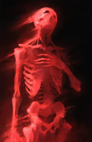 Digital painting of a red ghostly skeletal humanoid figure with translucent bones against a dark background, conveying an eerie, haunting atmosphere.