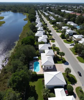 Aerial view showing a Floridian suburban neighborhood with white-roofed houses lined along palm-tree-lined streets, backyard pools, and a nearby natural wetland area.