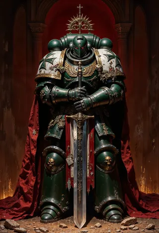 A highly detailed BlackT40k knight in heavy green and gold-accented armor holding a large ornate sword, with a flowing red cape and a winged emblem on the helmet.