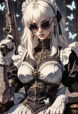 Young gothic maid with platinum blonde hair, dark round sunglasses, holding an ornate revolver. She wears a corset dress with gold embellishments and lace, has tattooed arms, and is surrounded by glowing butterflies.