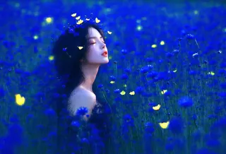 A solitary woman with closed eyes stands amid a deep indigo field of cornflowers, crowned with glowing neon yellow petals in a luminous dreamscape.