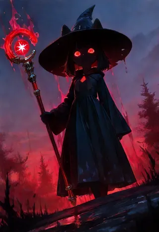 A dark silhouette of a witch outdoors with glowing red eyes, a black witch hat, and a black dress holding a red glowing magical staff against a dramatic red and blue backlit sky.
