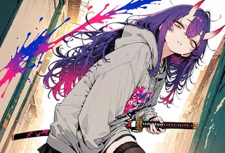Anime girl with small oni horns, long purple hair fading to pink, wearing an oversized hoodie and stockings, holding a katana in a dramatic street setting with paint splatters.