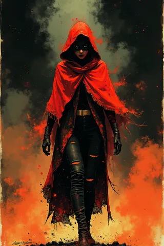 A mysterious figure cloaked in a vibrant red shawl walks through an eerie fog with bold ink-inspired linework and intricate details.