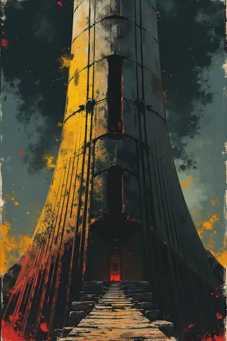 A richly textured futuristic tower illuminated by cinematic lighting with shadow streaks and a stone pathway leading to a glowing red entrance.