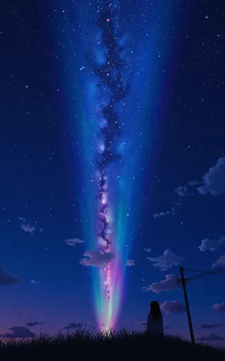 A girl silhouette sits on a hill under a radiant Milky Way stretching vertically with aurora-like colors, set in a starry fantasy night anime style.